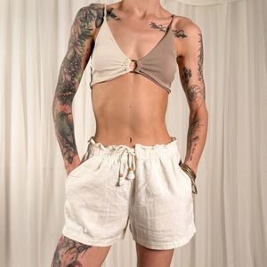 Linen Drawstring Shorts Cream Beach Shorts Flowy Summer Shorts Size S